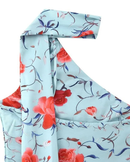 2026 Women Satin Floral Print Halter Neck Dress Fringe Trim Asymmetrical Hem Party Maxi Dress for Beach Vacation