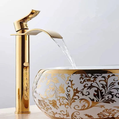 Basin Faucet Gold and White Waterfall Faucet Brass Bathroom Faucet Bathroom Basin Faucet Mixer Tap Hot and Cold Sink Faucet