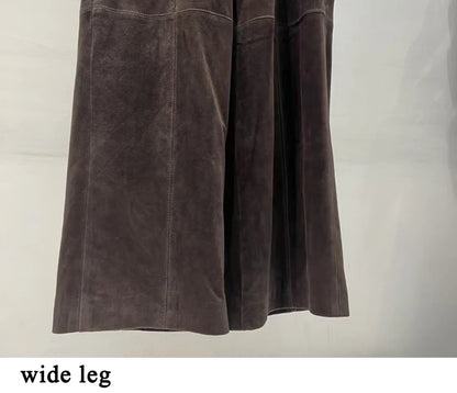 Retro Suede Leather Cropped Pants for Women Femae Genuine Leather Wide Leg Floor Long Trousers Straight Cylinder Spodnie Damskie