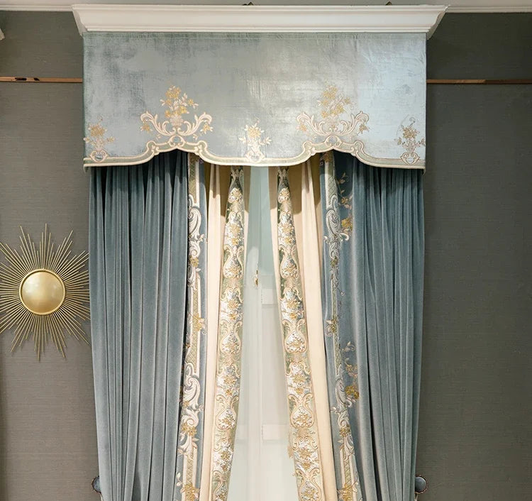 European Embroidered Thickened Blackout Blue Velvet Curtains for Living Room Bedroom Blackout  Lace Luxury Valance Tulle Custom