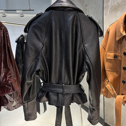 YOLOAgain Vintage Grain Leather Jacket Women Real Leather Sheepskin Jacket With Belt