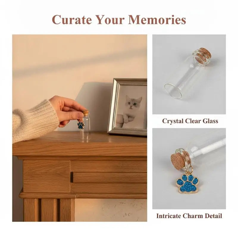 Pet Fur Keepsake Clear Glass Bottle Sealed Cork Stopper Glitter Paw Pendant for Dog Cat Loss Memorial Gift