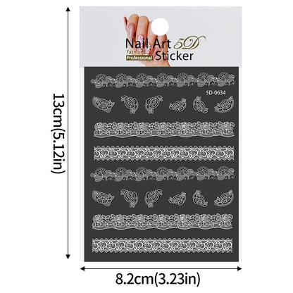 2pcs Y2K White Lace 5D Nail Art Stickers White Embossed Flowers Petals Elegant French Decals Wedding Nails Manicure Decorations*