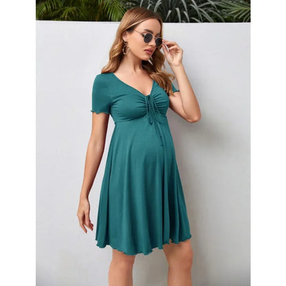 Maternity Dresses Summer Pure Colour V-neck Women Dress Loose Plus Size Pregnant Skirts Casual Clothing 2024 New Hot
