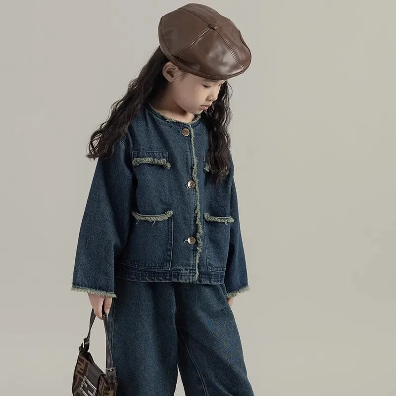 Girls' Denim Set Washed Tassel Vintage Coat+ Loose Pants 2023 Spring And Autumn New Fashion Kids Outfit Casual Clothing Set