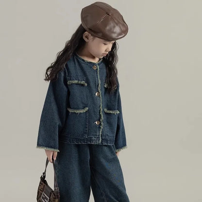Girls' Denim Set Washed Tassel Vintage Coat+ Loose Pants 2023 Spring And Autumn New Fashion Kids Outfit Casual Clothing Set