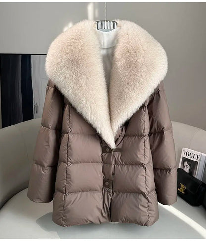 High end Faux Fox fur detachable Large Lapel fur Down Jacket For women 2025 Winter New Medium long Loose White goose Down Coats