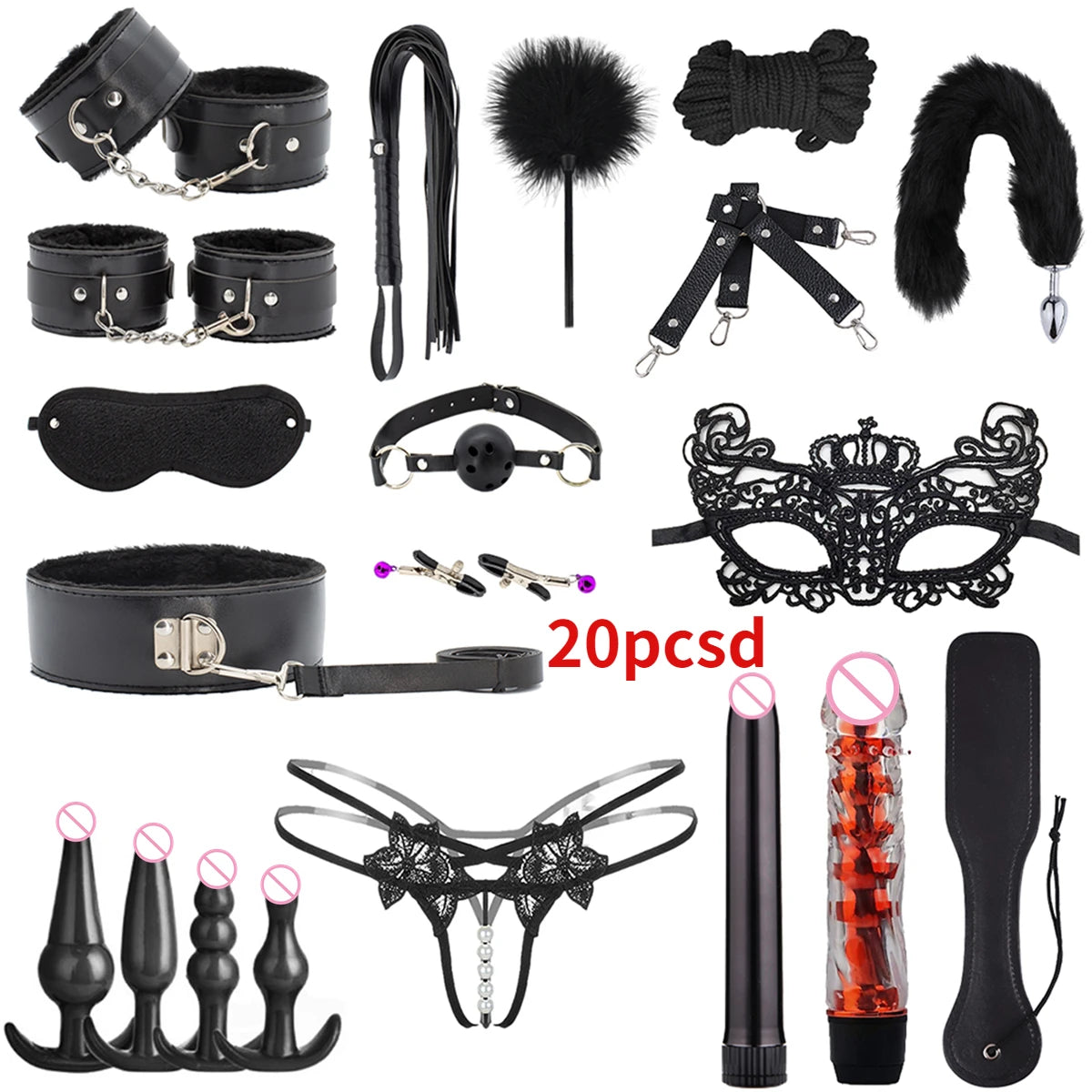 Erotic Sex Toys For Women Adults Games Nylon Bondage BDSM Kits Handcuffs Sex Whip Mouth Gag Rabbit Tail Anal Plug