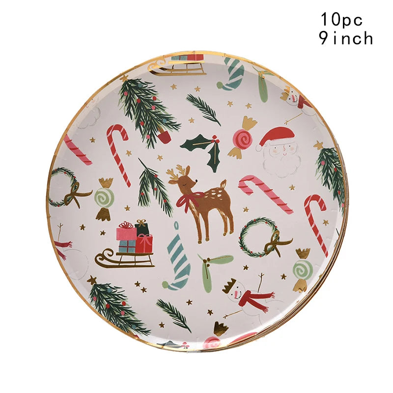 2026 Christmas Party Disposable Tableware Cartoon Bronzing Deer Pattern Plates Cups Santa Claus Napkin Merry Christmas Supplies