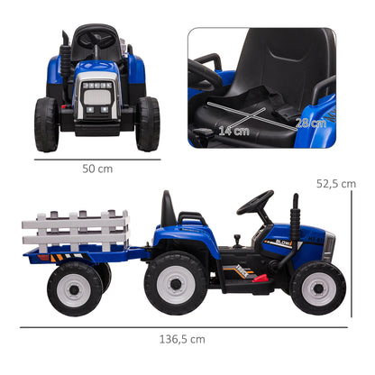 Children's Electric Car with Trailer, Remote Control, Child Control or Remote Control, Headlight, 3-6 Km/H, Size 136.5X50X52.5Cm, Load Capacity 30 Kg, Blue