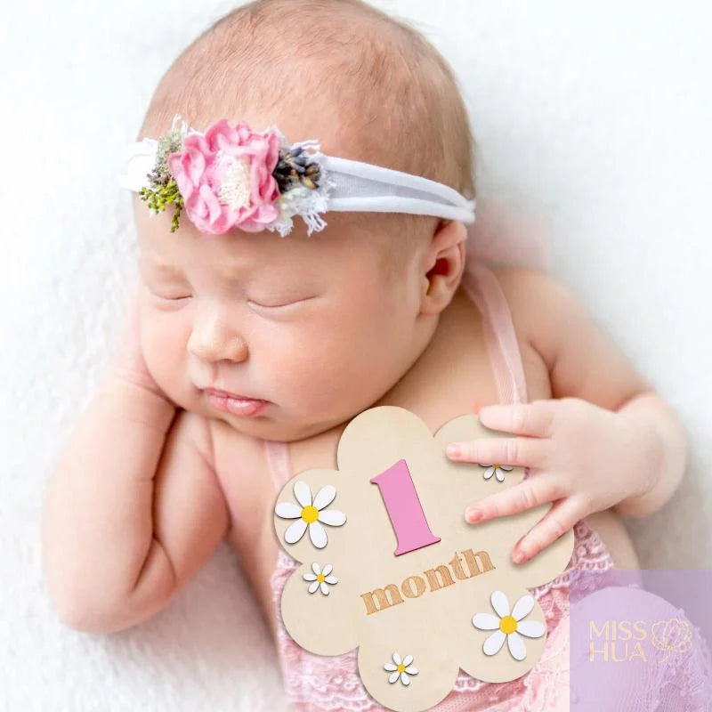 HUA HUA Wooden Baby Monthly Milestone Cards Flowers Double Sides Number Month Girls Boys Newborn Photography Props Accessories