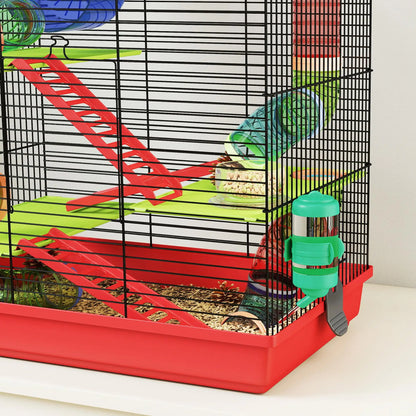 5-level metal hamster cage 47x30x59 cm with wheel, tunnel, house, ramps, drinking bowl & food dispenser for small animals