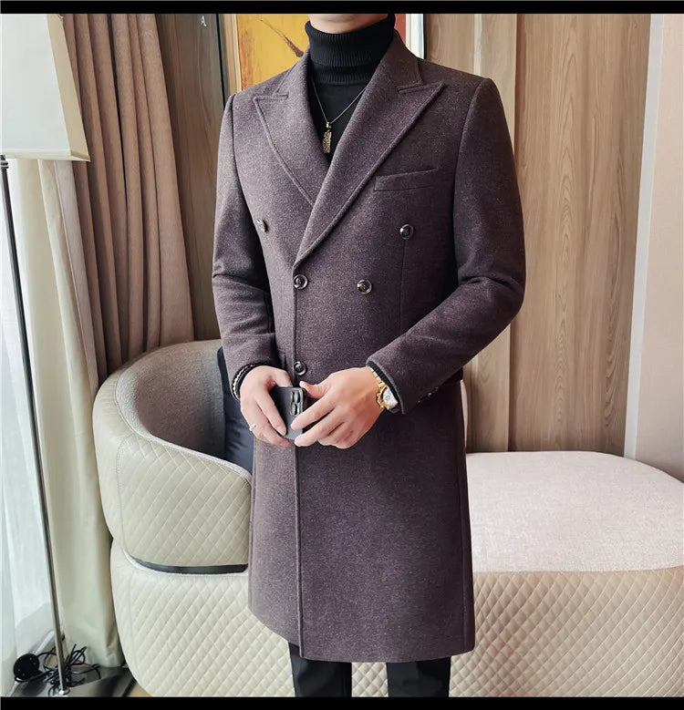 Autumn Winter Vintage Men's Woolen Long Coat Fashion Lapel High Quality Double Breasted Formal Men Slim Fit WindBreaker Overcoat