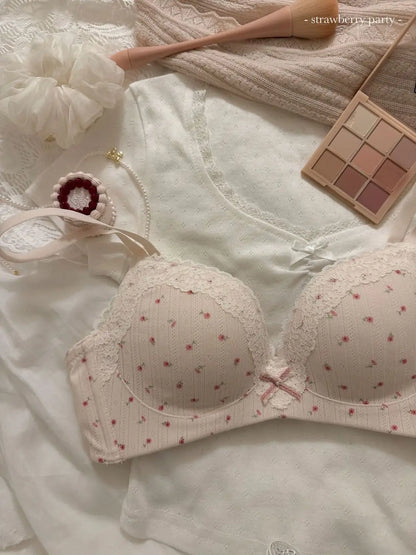 Teenage Sexy Lace Floral Bra Set Comfortable Non-steel Ring Beauty Back Small Breasts Gathered up Support Anti-Sagging Bra Set