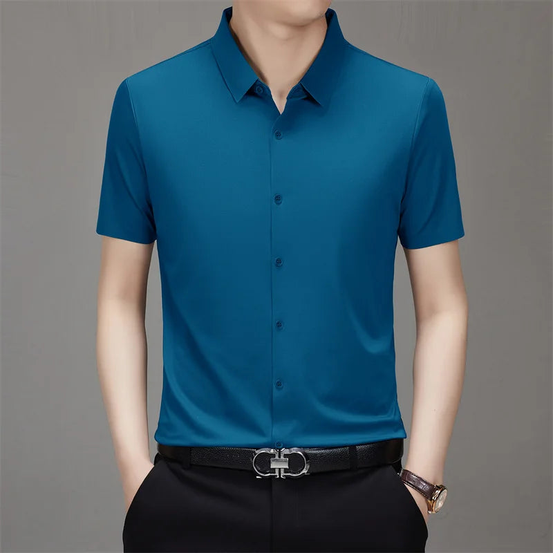 Men's Business Casual Solid Color Short Sleeve Shirt Summer Fashion No Ironing Comfortable Versatile Top for Men