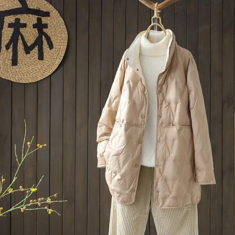 2024 New Autumn Winter Women Ultralight Long White Duck Down Jacket Female Single-Breasted Double Sided Puffer Jacket Women