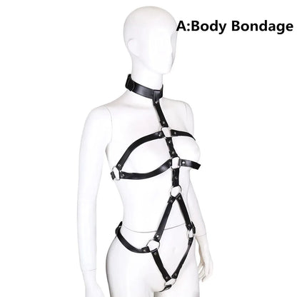 BDSM Bondage Women Garter Set Leather Cage Bra Mesh Harness Sexy Woman Toadette Costume Sexy Goth Fetish Lingerie Sex Adult Game