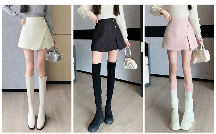 Autumn Winter Tweed Skirts Shorts Women Fashion Streetwear Cross Irregular Booty Shorts Pink Black Culottes Wide Leg Short Pants
