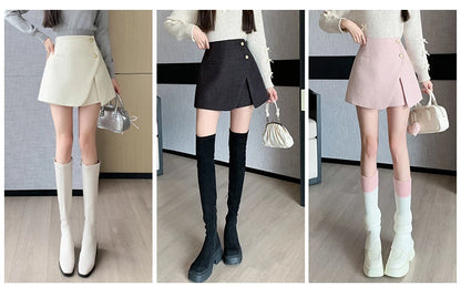 Autumn Winter Tweed Skirts Shorts Women Fashion Streetwear Cross Irregular Booty Shorts Pink Black Culottes Wide Leg Short Pants