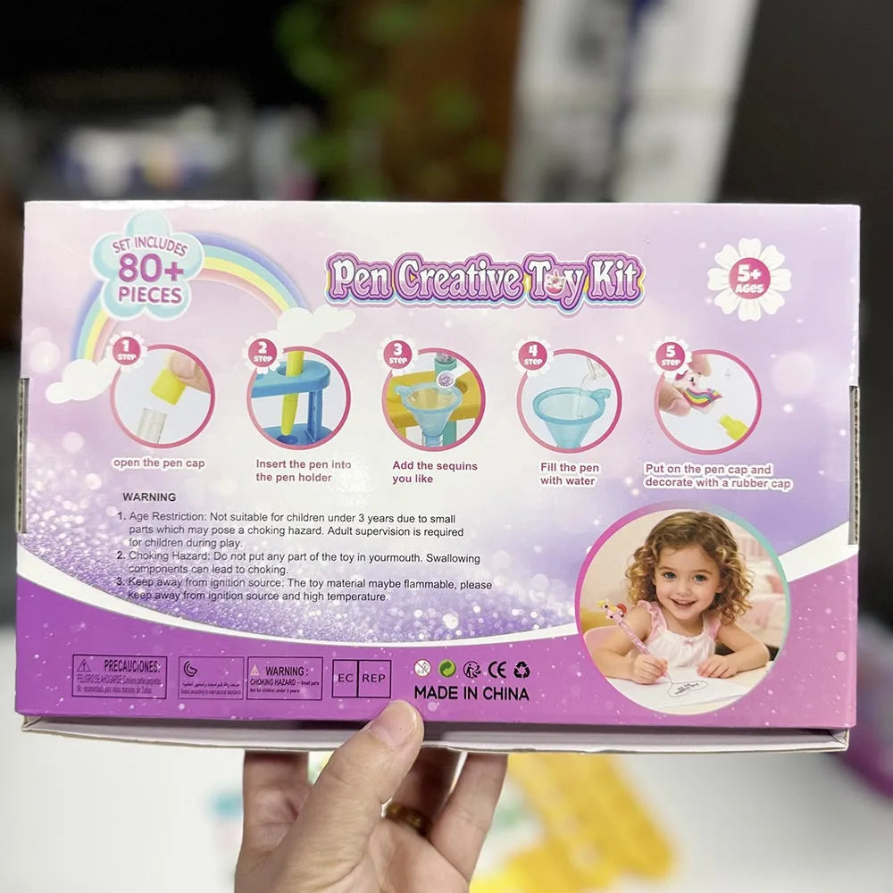 DIY Glitter Pen Making Kit Kids Craft Supplies 80+ Pieces Handmade Art Set Make 16 Pens Cartoon Decor Birthday Gift for Girls Bo