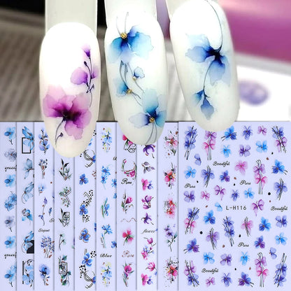 12pcs 3D Geometry Flower Leaf Nail Stickers Summer Ink Blooming Flowers Decal Slider for Nail Art Supplies Manicure Decoration