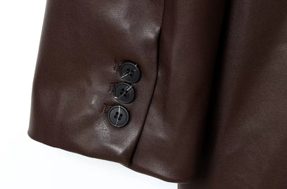 Women's Fashion Faux Leather Blazer Coat Loose Fit Old Money Style Long Sleeve Front Button Chic Outerwear Top