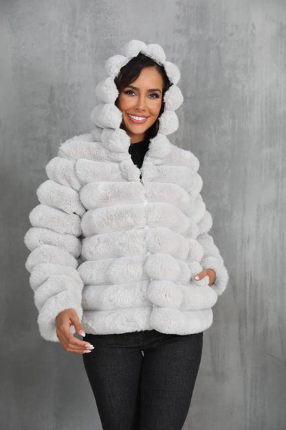 2026 Faux Fur Women Coats Hooded Full Sleeve Short Coat Zipper Thick Warm Solid Temperament Elegant Splice Autumn Winter