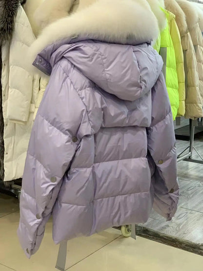 2024 Winter Women Warm Coat Oversized Real Fox Fur Collar Thick Luxury Outerwear New Fashion 90% Goose Down Jacket