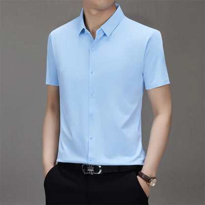 Men's Business Casual Solid Color Short Sleeve Shirt Summer Fashion No Ironing Comfortable Versatile Top for Men