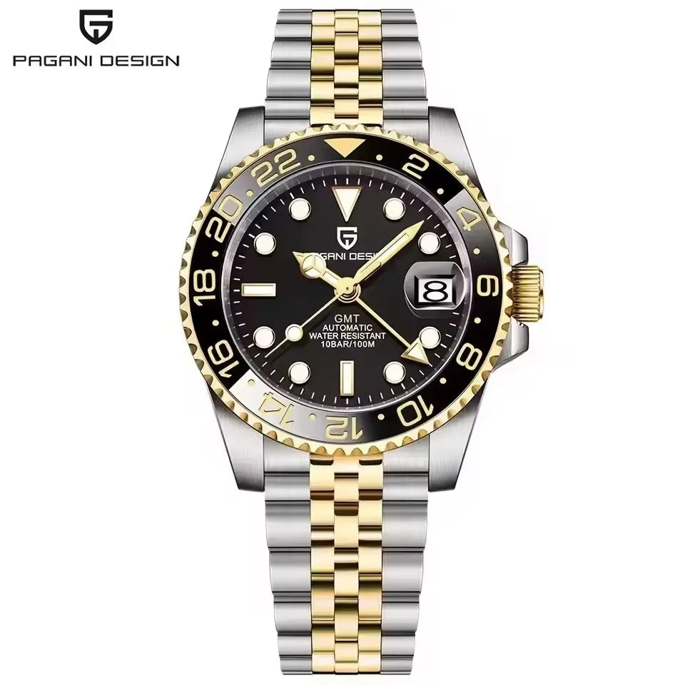 PAGANI DESIGN 40MM Black Gray Dual Tone Automatic Mechanical GMT WATCH Sapphire Glass Stainle Steel Sports luminous Watches men