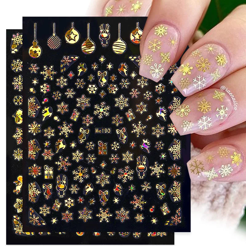 1PCS New Christmas Decorations 2023 New Year Nail Stickers Press on Nails Laser Snowflake Christmas Tree 3D Nail Decal