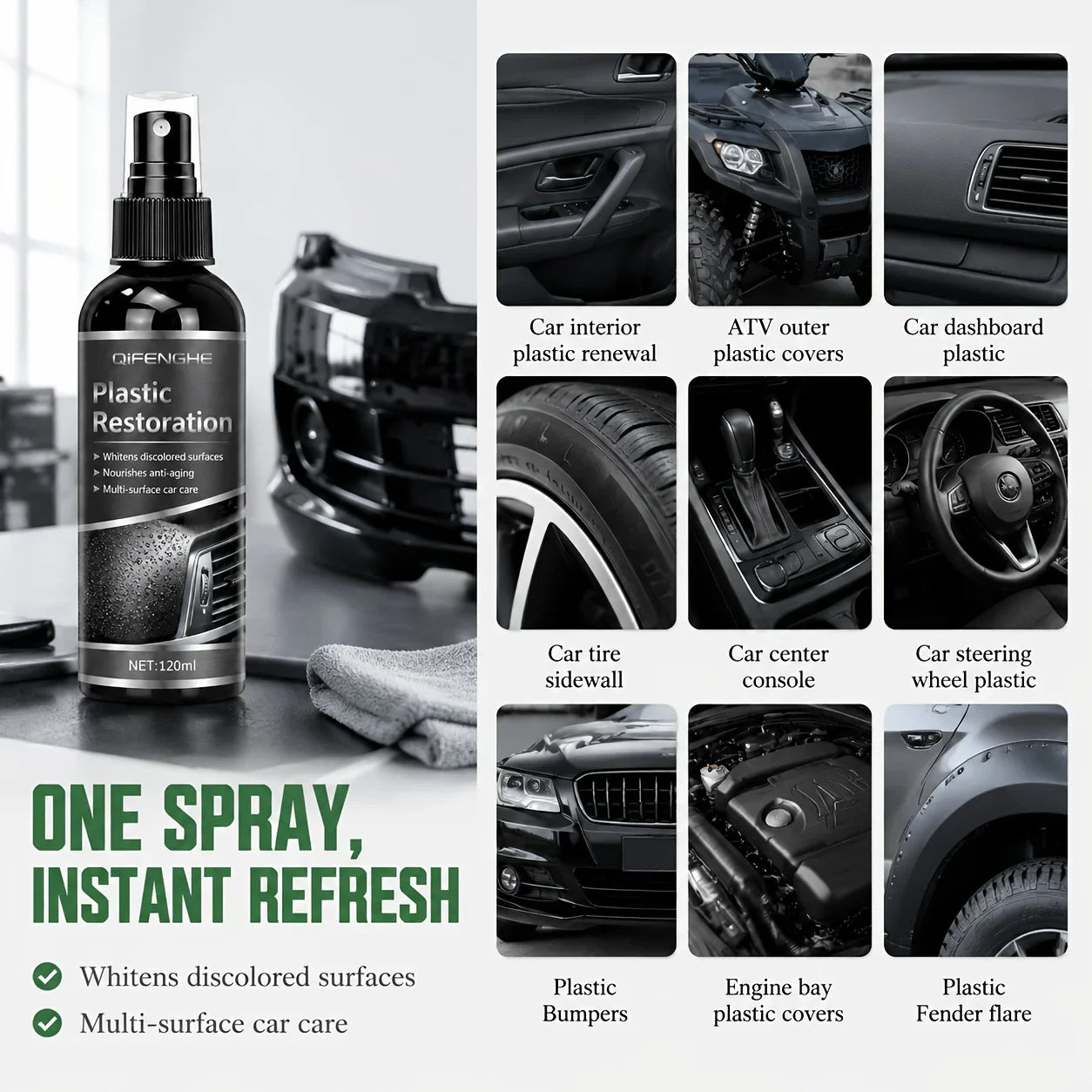 Plastic Restorer Interior Care Spray - Revive Black Shine on Plastic Rubber Vinyl Detailing Spray for Automotive Interior