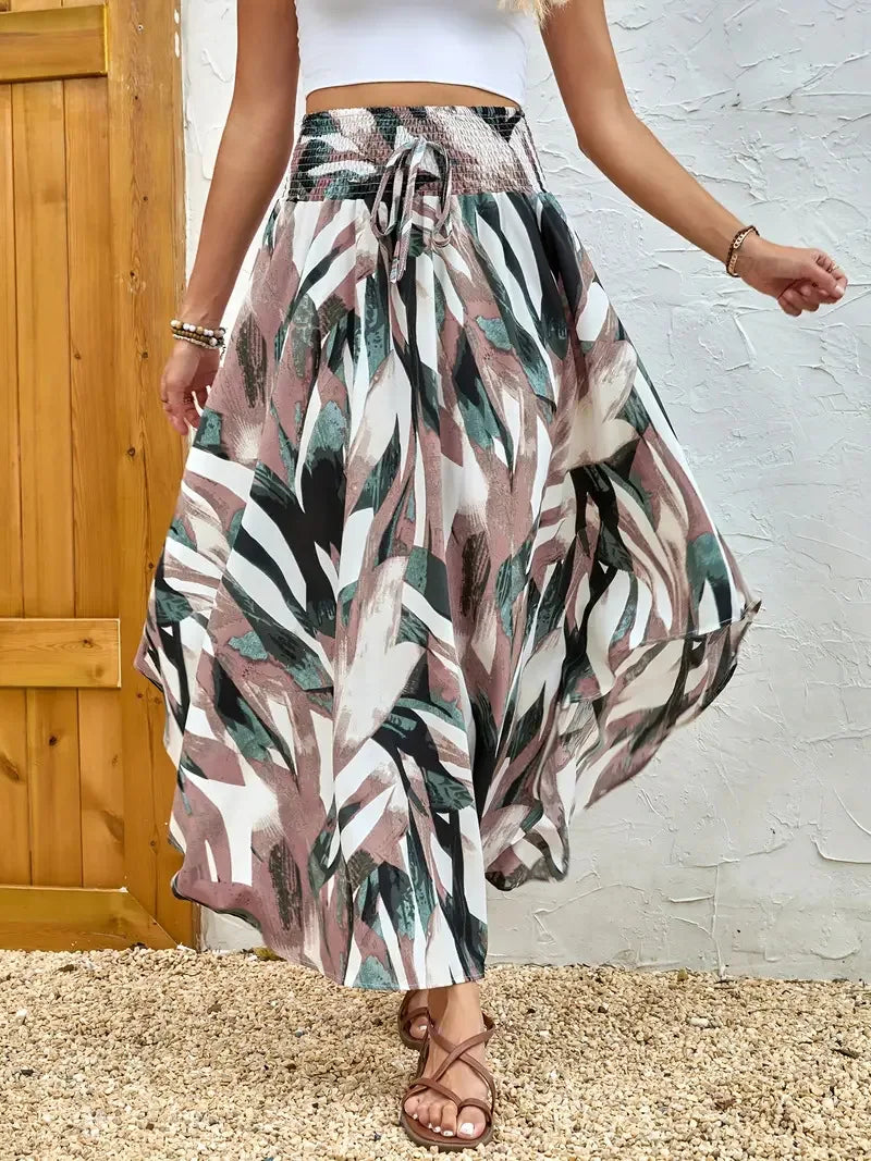Bohemian Boho Vintage Floral Print Skirts Women Summer High Waist A-Line Pleated Elastic Long Skirts Casual Holiday Beach Skirt