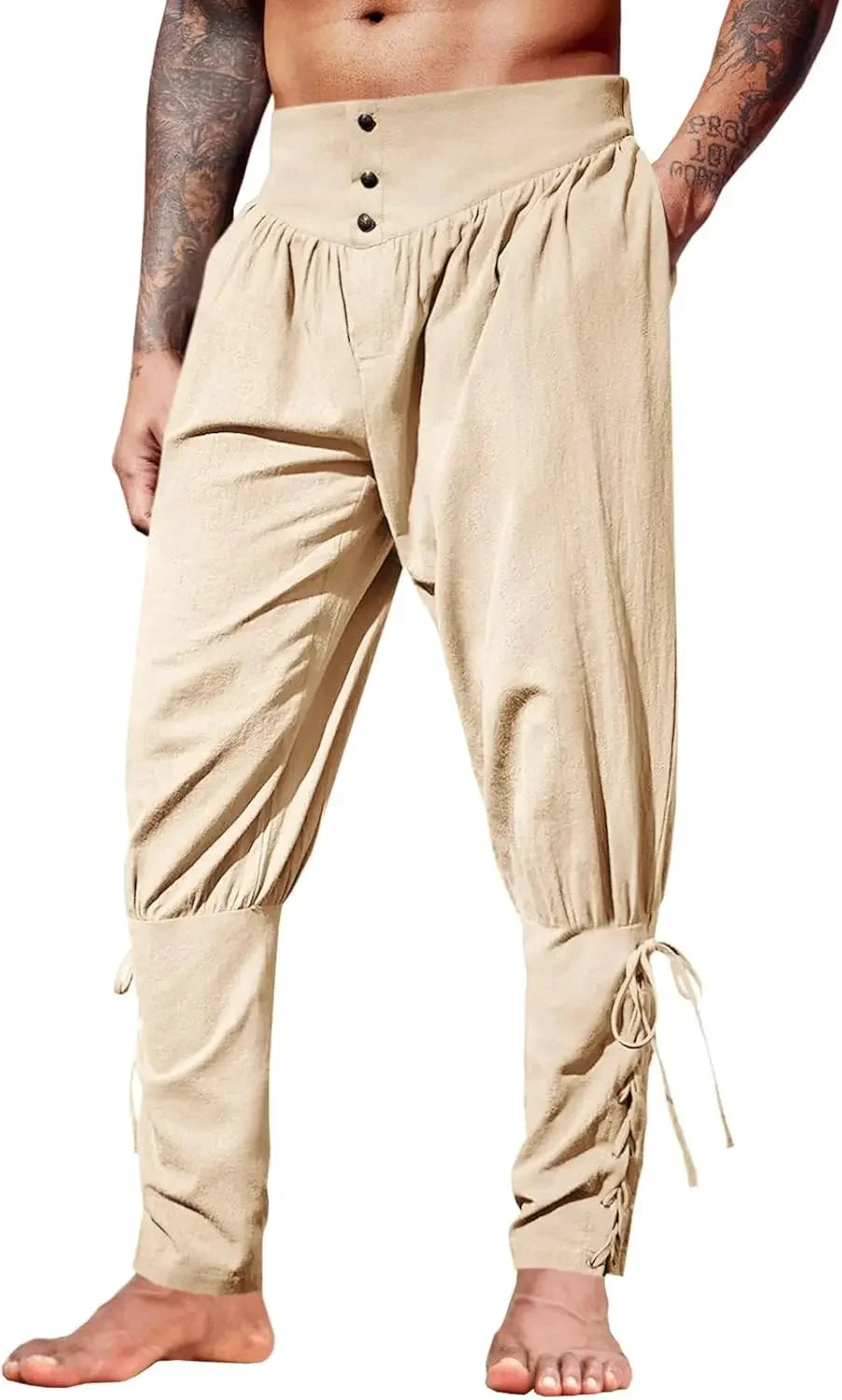 Mens Medieval Ankle Pants Renaissance Viking Pirate Lace Up Tapered Halloween Linen Costume Trousers Cargo Pants