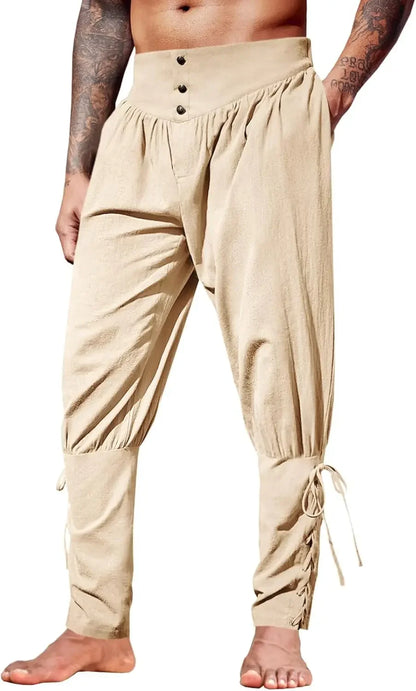 Mens Medieval Ankle Pants Renaissance Viking Pirate Lace Up Tapered Halloween Linen Costume Trousers Cargo Pants
