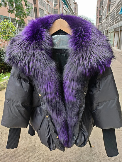 Oversized Winter Warm Real Fox Fur Collar Black Down Coat Women Puffer Outerwear Jackets 2024 Autumn Winter