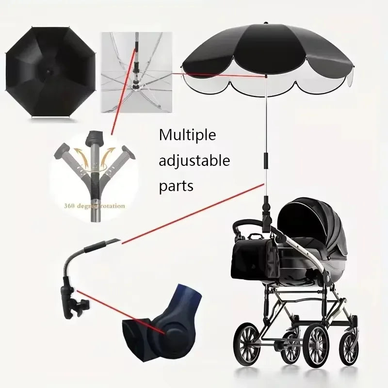 Universal Sun Umbrella for Baby Stroller UV Protection Pram Umbrella 360° Adjustable Rainproof and Windproof Sunshade Parasol
