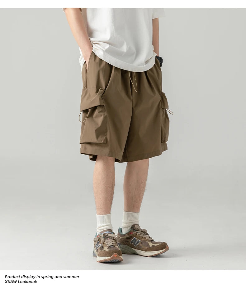 2025 Summer New Japanese Style Large Size Thin Shorts Men Loose Knee Cargo Shorts Hip Hop Streetwear Male Short Trousers
