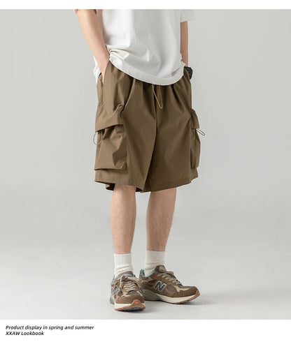 2025 Summer New Japanese Style Large Size Thin Shorts Men Loose Knee Cargo Shorts Hip Hop Streetwear Male Short Trousers