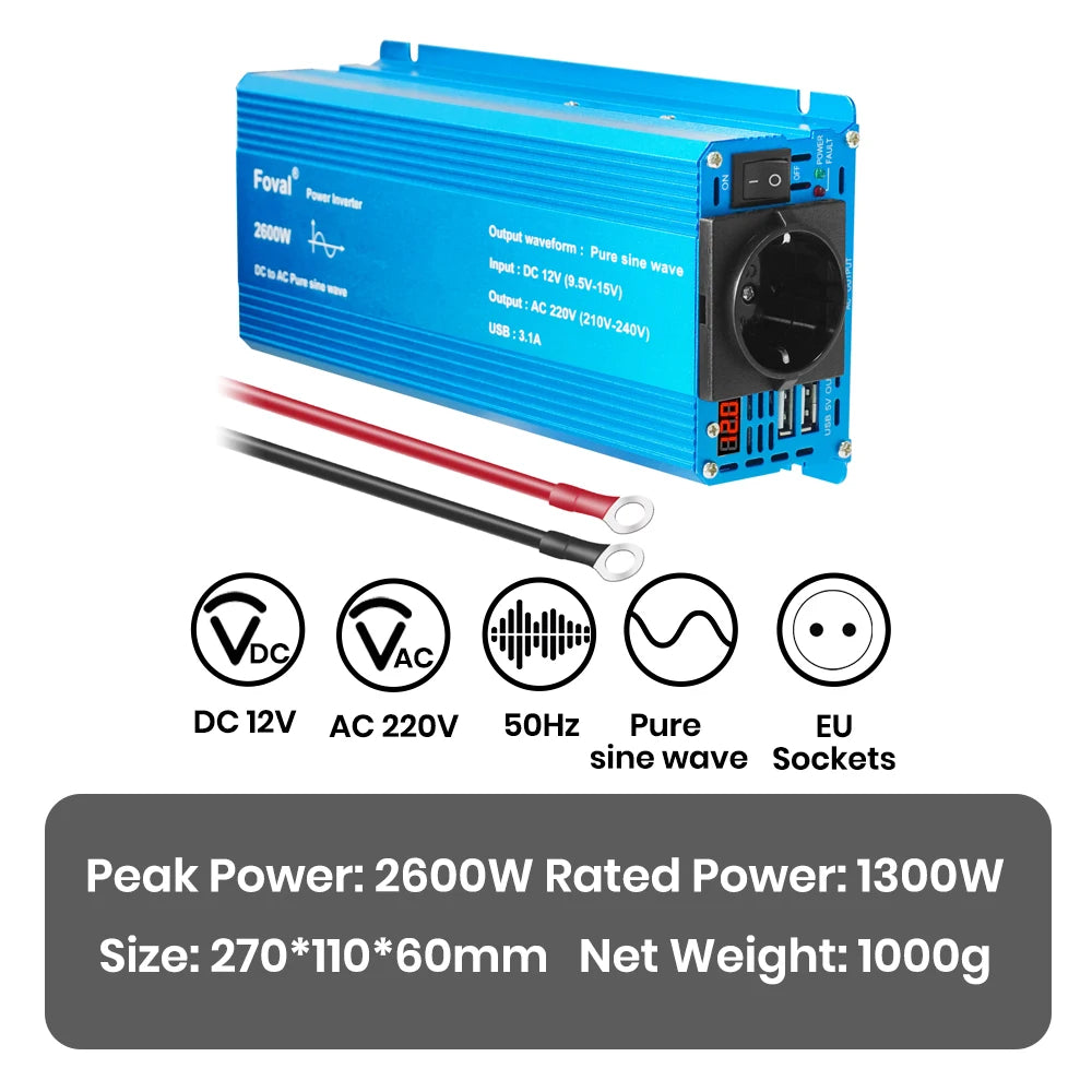 Pure Sine Wave Inverter DC 12V to AC 220V 230V 1500W/2200W/2600W/3000W Voltage Transfer Converter EU Socket Auto Accessories