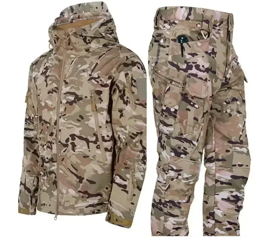 Winter Soft Shell Mens Tactical Set Outdoor Windproof Waterproof Warm Combat Suit Multi Pocket Thickened Camo Hunting Uniform