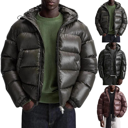 Men'S Down Jacket Casual Solid-Color Hooded Cotton-Padded Jacket Men'S Thickened Winter Warm Coat Loose Pocket Bread Jacket Coat