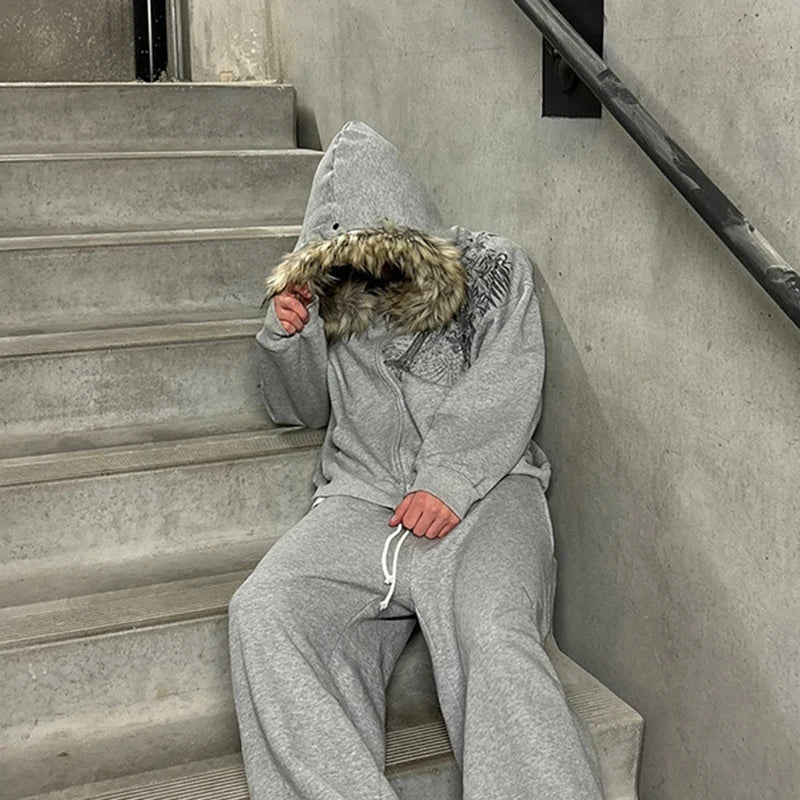 Fluffy Hat Hoodie Solid Color Casual Long Sleeve Hoodie Retro Coat Street Trend Y2K
