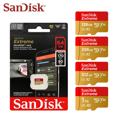 Sandisk Micro SD Card Extreme A2 A1 V30 SDXC Flash 32GB 64GB 128GB 256GB 512GB 1TB MicroSD Card 190MB/s TF Card for Phone Tablet