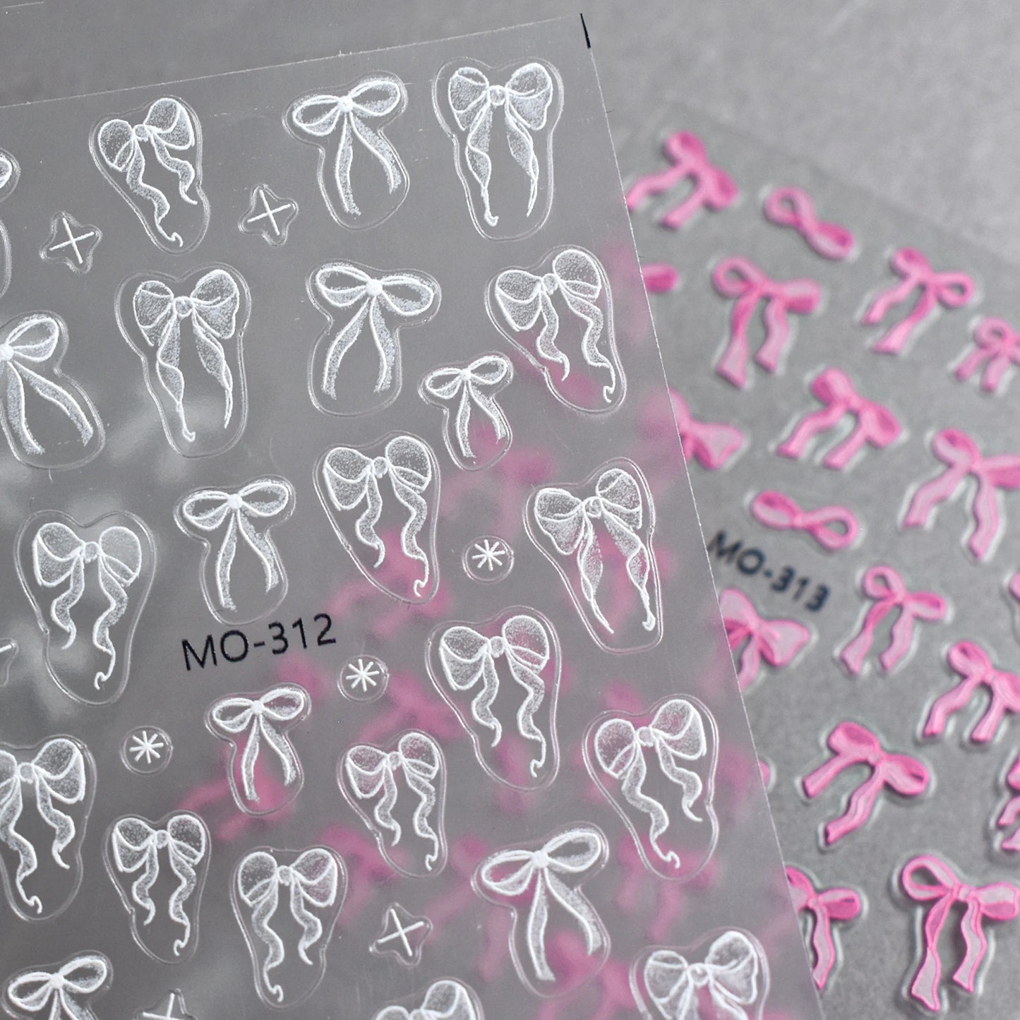 Bowknot Nail Stickers 3D Relief White Ribbon Cute Sweet Pink Self-Adhesive Nail Art Decoration Decals For Nail Tips Manicures