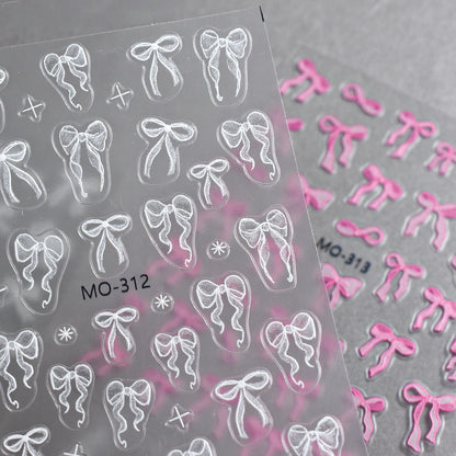 Bowknot Nail Stickers 3D Relief White Ribbon Cute Sweet Pink Self-Adhesive Nail Art Decoration Decals For Nail Tips Manicures