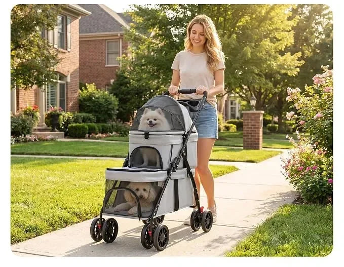 Dual‑Layer Pet Stroller Foldable Travel Dog Cat Cart Breathable Mesh Wagon with Cup Holder Storage Bag for Small Animals