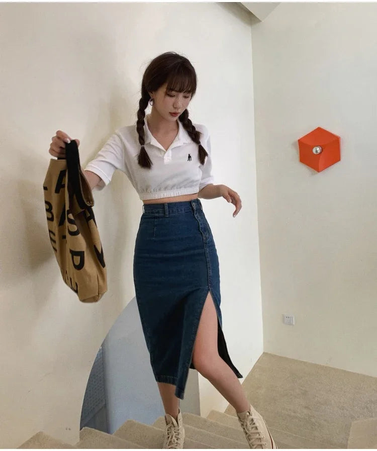 Korean Style Slim Bodycon Blue Skirts For Women 2026 Spring Summer New High Waist Split Denim Midi Skirt