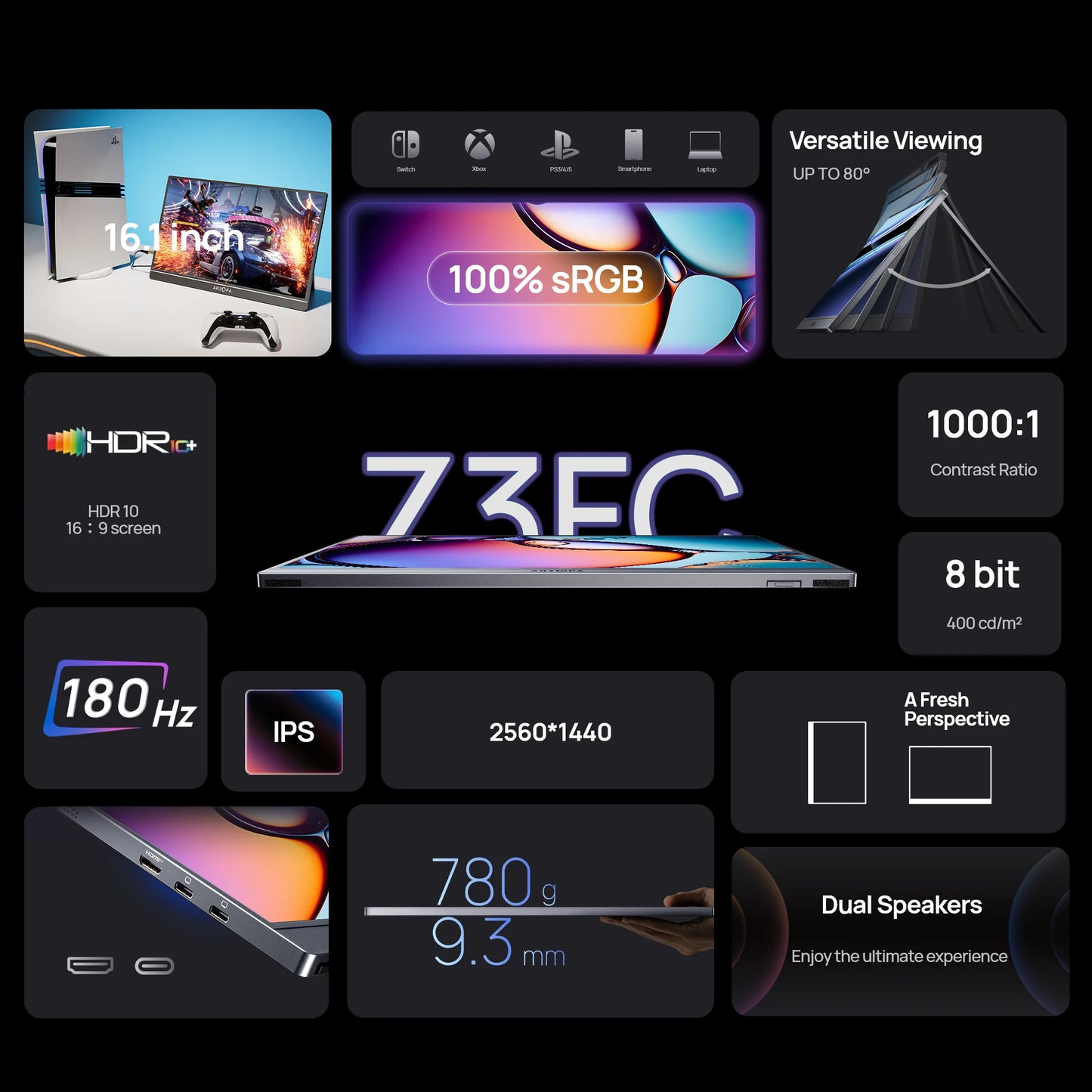 ARZOPA 16.1 inch 2.5k 180HZ External Portable Monitor HDR IPS Screen Second PC Displays for Gaming Working Anytime Anywhere Z3FC