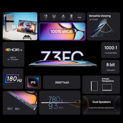 ARZOPA 16.1 inch 2.5k 180HZ External Portable Monitor HDR IPS Screen Second PC Displays for Gaming Working Anytime Anywhere Z3FC